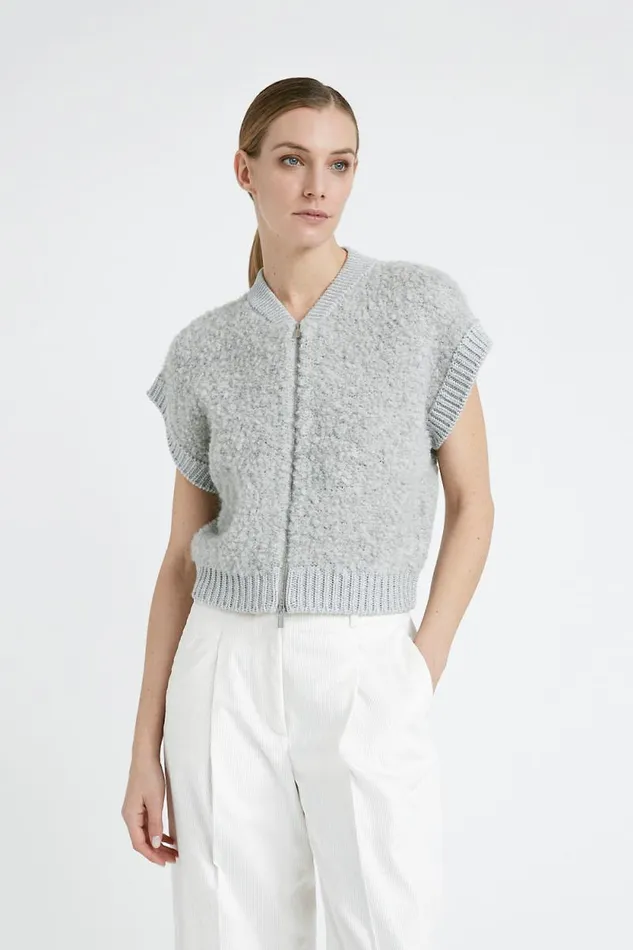 Peserico Knitwear Woman Alpaca Wool Cashmere Silk And Lurex Boucl ZipUp Waistcoat Fog Gray Peserico Knitwear Woman Alpaca Wool Cashmere Silk And Lurex Boucl ZipUp Waistcoat Fog Gray