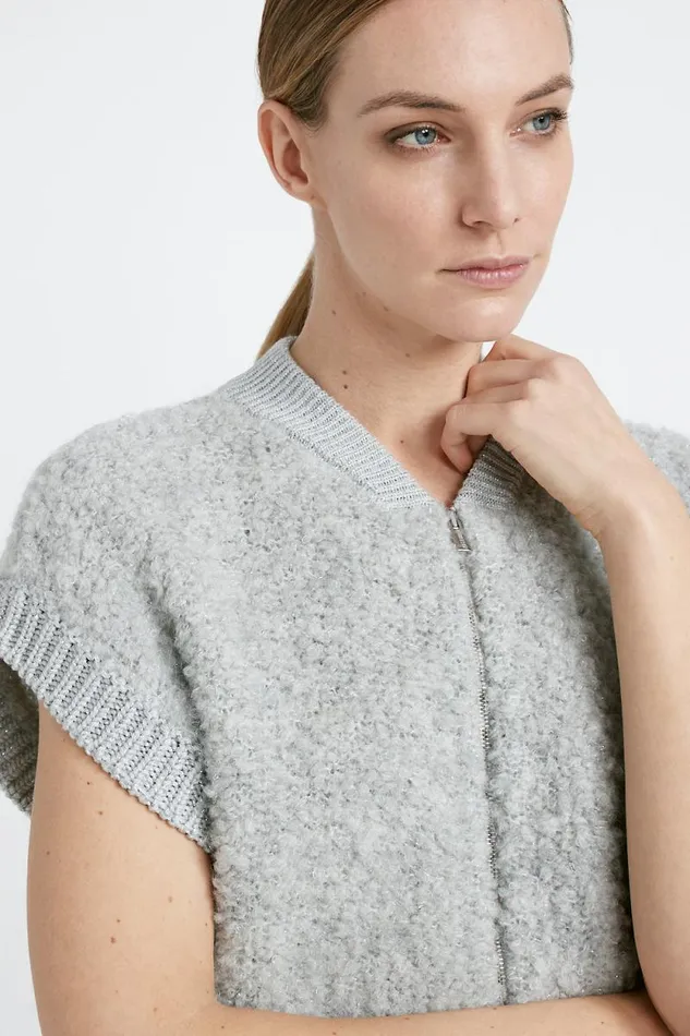 Peserico Knitwear Woman Alpaca Wool Cashmere Silk And Lurex Boucl ZipUp Waistcoat Fog Gray Peserico Knitwear Woman Alpaca Wool Cashmere Silk And Lurex Boucl ZipUp Waistcoat Fog Gray