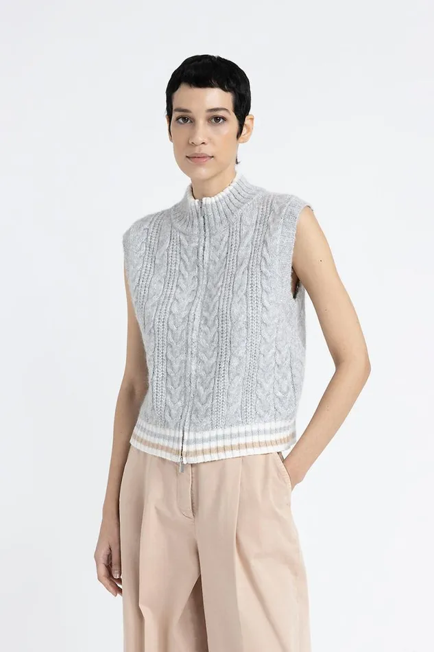Peserico Knitwear Woman Alpaca Wool Lurex And Sequin Braided ZipUp Waistcoat Fog Gray Peserico Knitwear Woman Alpaca Wool Lurex And Sequin Braided ZipUp Waistcoat Fog Gray