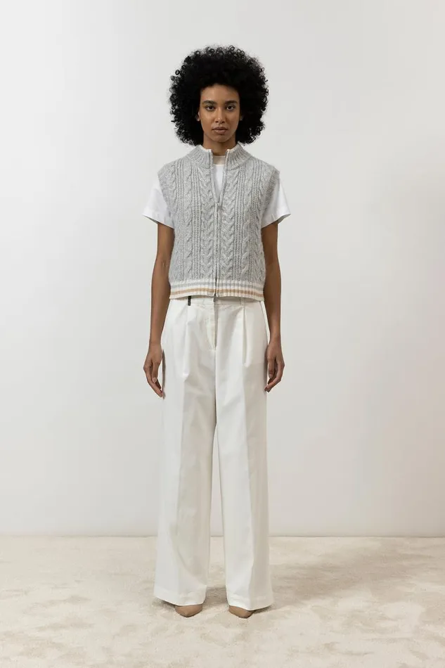 Peserico Knitwear Woman Alpaca Wool Lurex And Sequin Braided ZipUp Waistcoat Fog Gray Peserico Knitwear Woman Alpaca Wool Lurex And Sequin Braided ZipUp Waistcoat Fog Gray