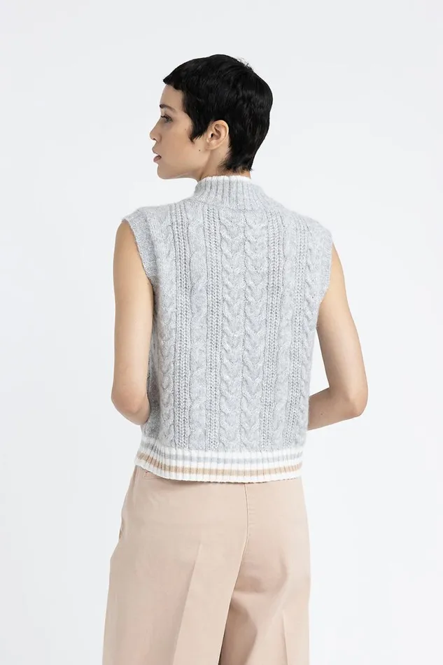 Peserico Knitwear Woman Alpaca Wool Lurex And Sequin Braided ZipUp Waistcoat Fog Gray Peserico Knitwear Woman Alpaca Wool Lurex And Sequin Braided ZipUp Waistcoat Fog Gray