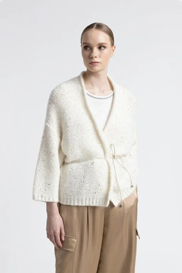 Peserico Knitwear Woman Alpaca Wool Oversize Cardigan With Sequins Natural White Peserico Knitwear Woman Alpaca Wool Oversize Cardigan With Sequins Natural White