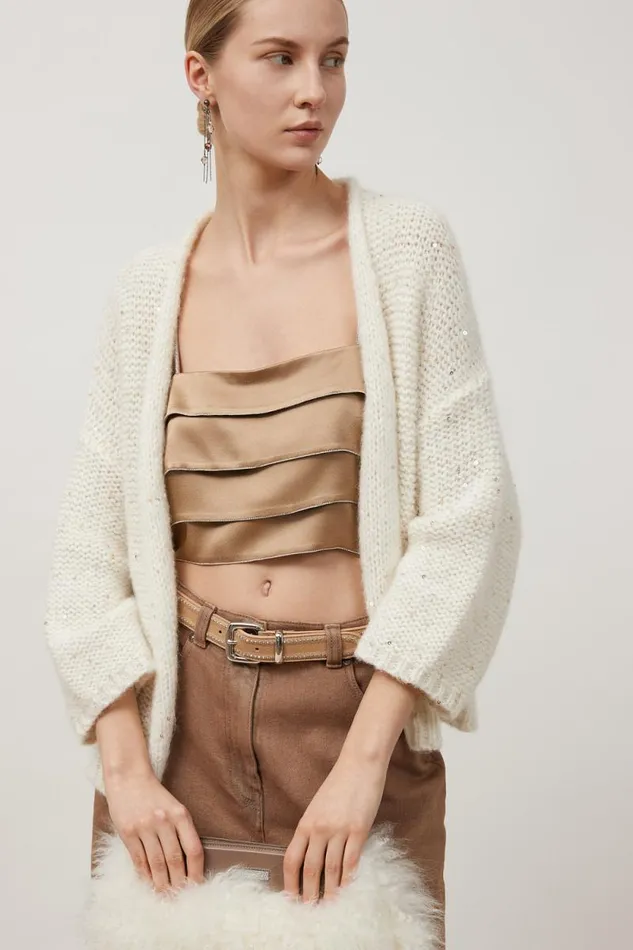 Peserico Knitwear Woman Alpaca Wool Oversize Cardigan With Sequins Natural White Peserico Knitwear Woman Alpaca Wool Oversize Cardigan With Sequins Natural White