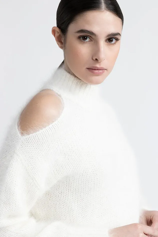 Peserico Knitwear Woman Angora Wool Sweater With Cut Out Shoulder Natural White Peserico Knitwear Woman Angora Wool Sweater With Cut Out Shoulder Natural White
