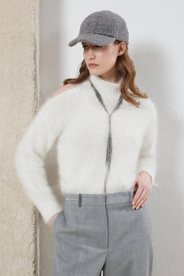 Peserico Knitwear Woman Angora Wool Sweater With Cut Out Shoulder Natural White Peserico Knitwear Woman Angora Wool Sweater With Cut Out Shoulder Natural White