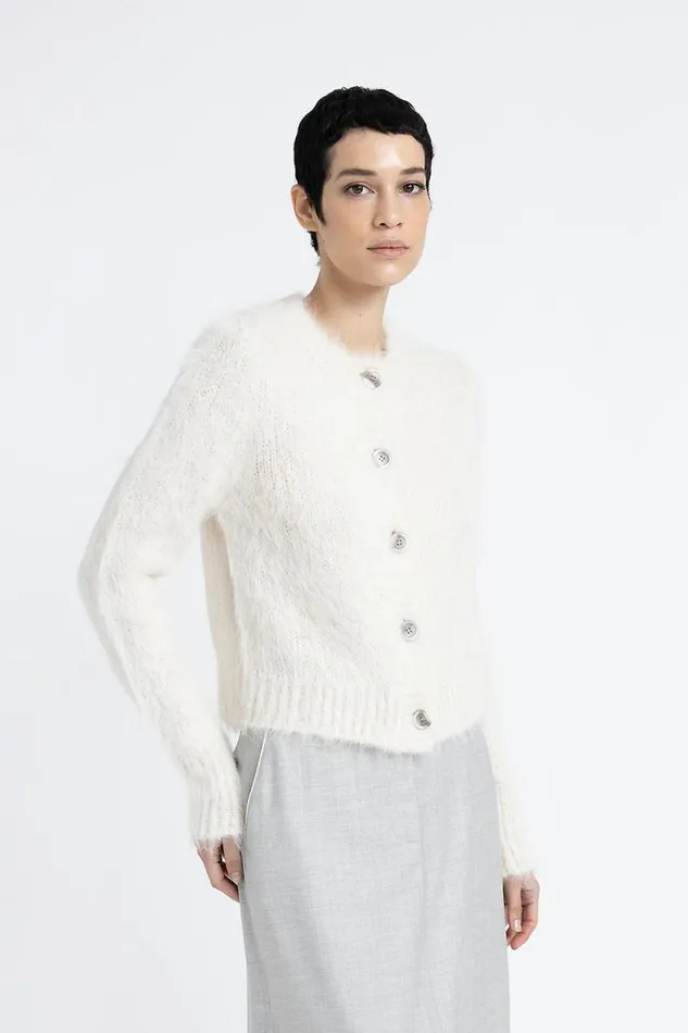 Peserico Knitwear Woman Buttoned Round Neck Cardigan In Alpaca Wool And Merino Natural White Peserico Knitwear Woman Buttoned Round Neck Cardigan In Alpaca Wool And Merino Natural White