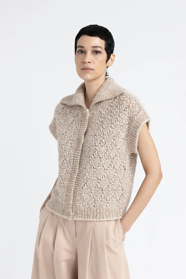 Peserico Knitwear Woman Buttoned Waistcoat In Alpaca Moulin Yarn With Sequins And Lurex Macchiato Peserico Knitwear Woman Buttoned Waistcoat In Alpaca Moulin Yarn With Sequins And Lurex Macchiato