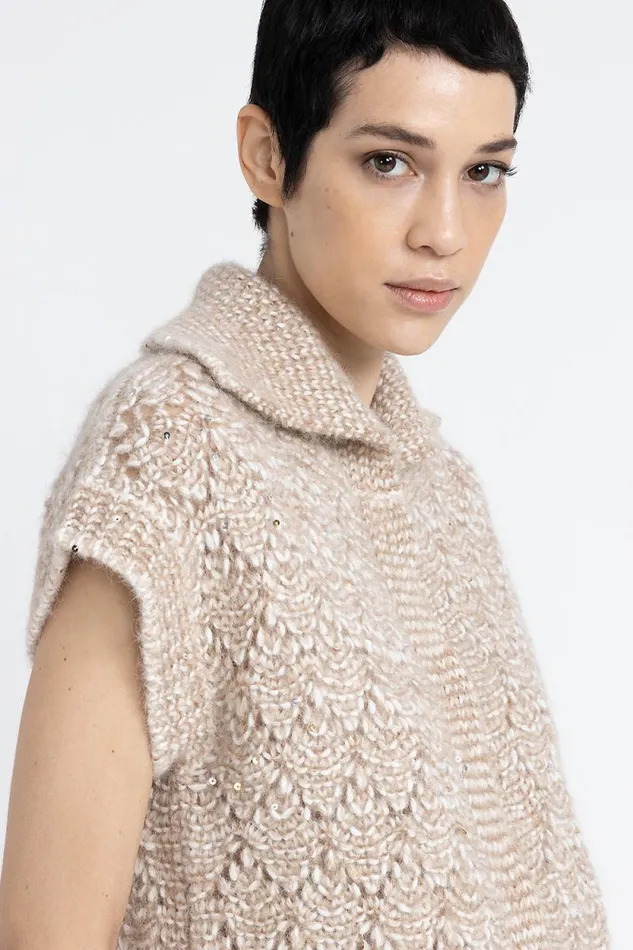 Peserico Knitwear Woman Buttoned Waistcoat In Alpaca Moulin Yarn With Sequins And Lurex Macchiato Peserico Knitwear Woman Buttoned Waistcoat In Alpaca Moulin Yarn With Sequins And Lurex Macchiato