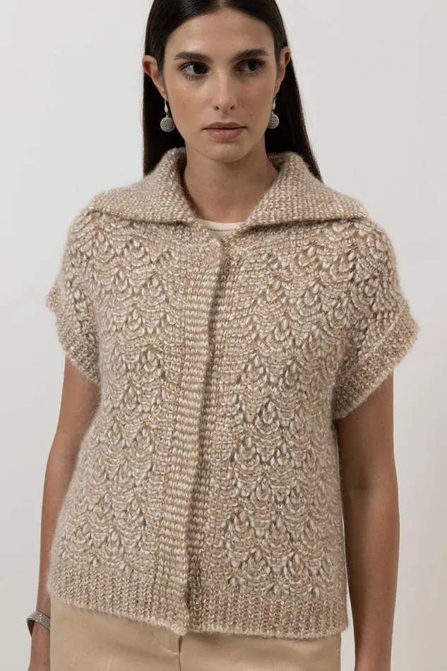 Peserico Knitwear Woman Buttoned Waistcoat In Alpaca Moulin Yarn With Sequins And Lurex Macchiato Peserico Knitwear Woman Buttoned Waistcoat In Alpaca Moulin Yarn With Sequins And Lurex Macchiato
