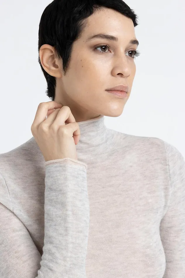 Peserico Knitwear Woman High Neck Sweater In Angora Wool With Micro Sequins Fog Gray Peserico Knitwear Woman High Neck Sweater In Angora Wool With Micro Sequins Fog Gray