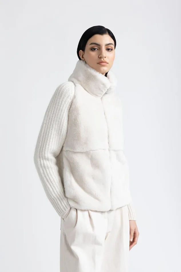 Peserico Knitwear Woman Knitted High Neck Jacket With Fur Trim Hornbeam