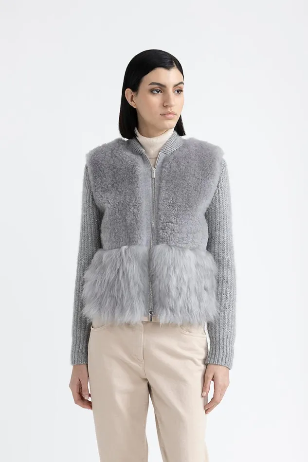 Peserico Knitwear Woman Knitted Jacket With Fur Trim Granite