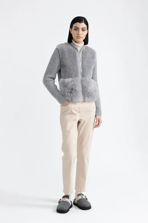 Peserico Knitwear Woman Knitted Jacket With Fur Trim Granite Peserico Knitwear Woman Knitted Jacket With Fur Trim Granite