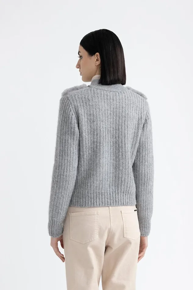 Peserico Knitwear Woman Knitted Jacket With Fur Trim Granite Peserico Knitwear Woman Knitted Jacket With Fur Trim Granite