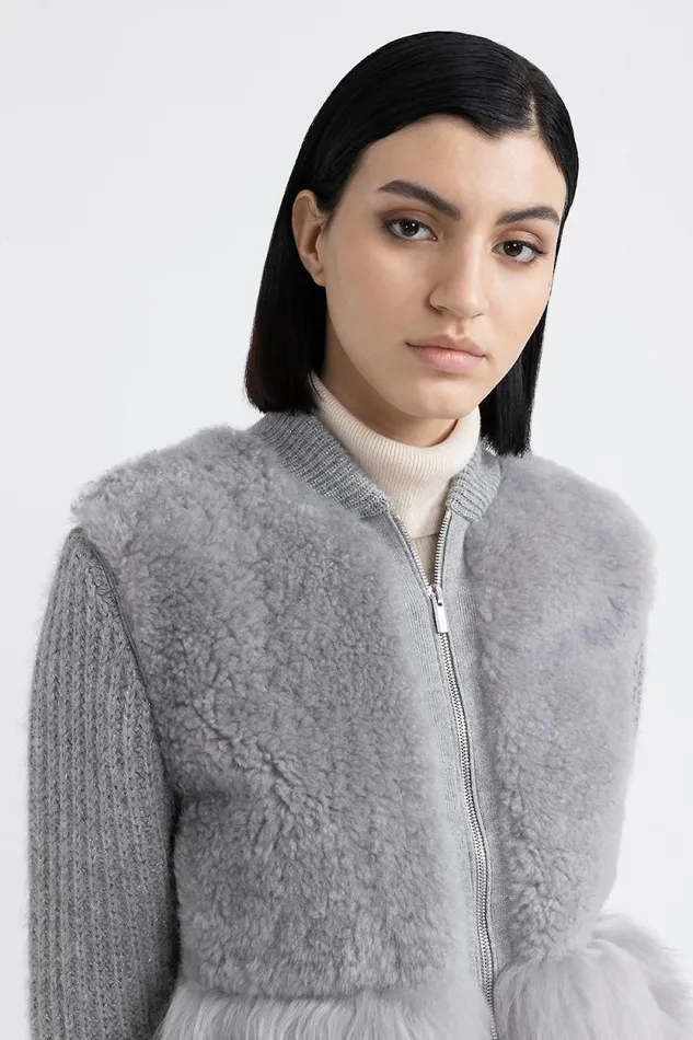 Peserico Knitwear Woman Knitted Jacket With Fur Trim Granite Peserico Knitwear Woman Knitted Jacket With Fur Trim Granite