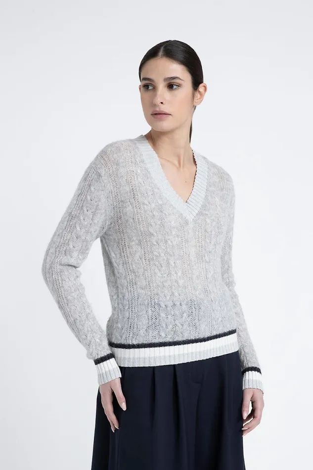 Peserico Knitwear Woman Merino Wool Alpaca And Lurex Sweater With Plaited Stitch VNeck Fog Gray Peserico Knitwear Woman Merino Wool Alpaca And Lurex Sweater With Plaited Stitch VNeck Fog Gray