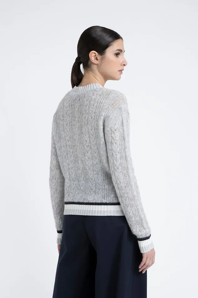 Peserico Knitwear Woman Merino Wool Alpaca And Lurex Sweater With Plaited Stitch VNeck Fog Gray Peserico Knitwear Woman Merino Wool Alpaca And Lurex Sweater With Plaited Stitch VNeck Fog Gray