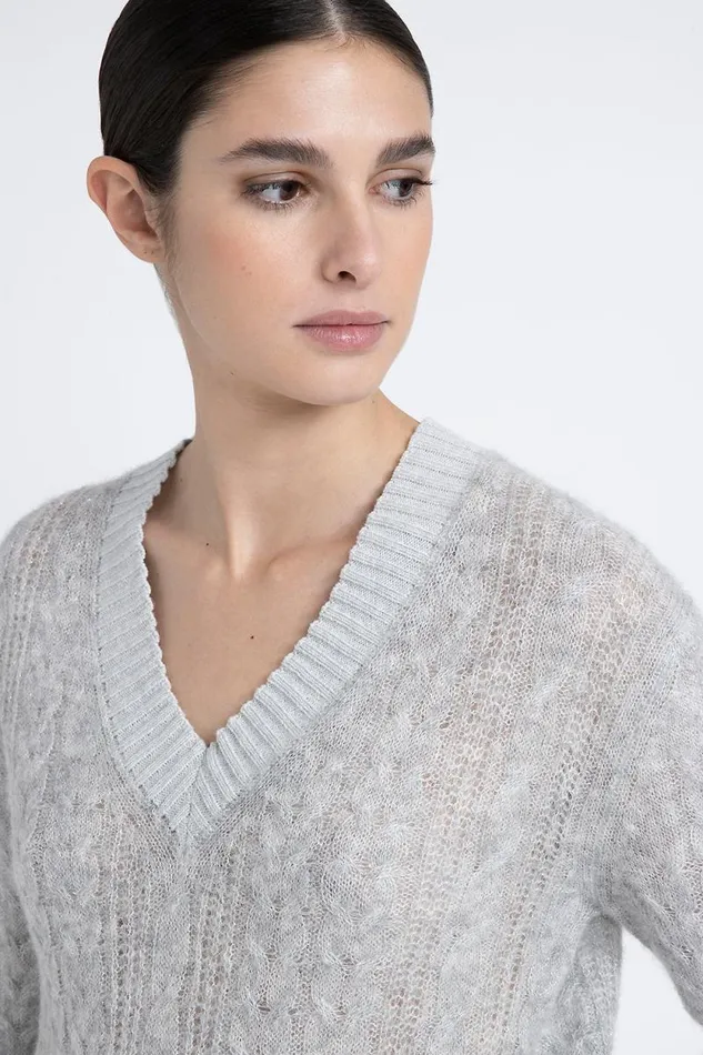 Peserico Knitwear Woman Merino Wool Alpaca And Lurex Sweater With Plaited Stitch VNeck Fog Gray Peserico Knitwear Woman Merino Wool Alpaca And Lurex Sweater With Plaited Stitch VNeck Fog Gray