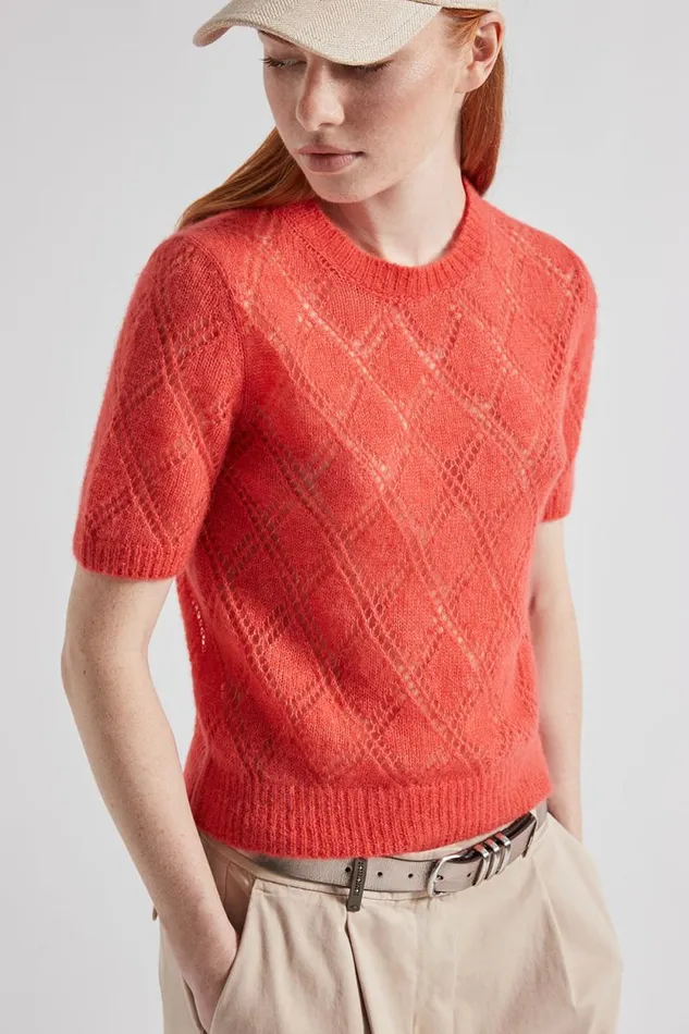 Peserico Knitwear Woman Merino Wool And Alpaca Lace Pattern ShortSleeved Sweater Foliage Red Peserico Knitwear Woman Merino Wool And Alpaca Lace Pattern ShortSleeved Sweater Foliage Red