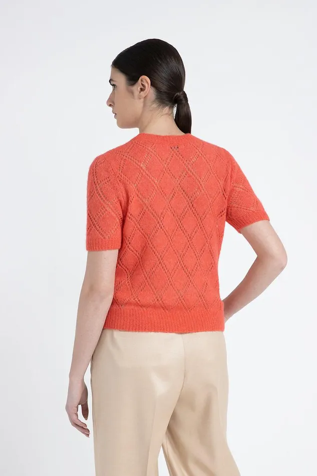 Peserico Knitwear Woman Merino Wool And Alpaca Lace Pattern ShortSleeved Sweater Foliage Red Peserico Knitwear Woman Merino Wool And Alpaca Lace Pattern ShortSleeved Sweater Foliage Red