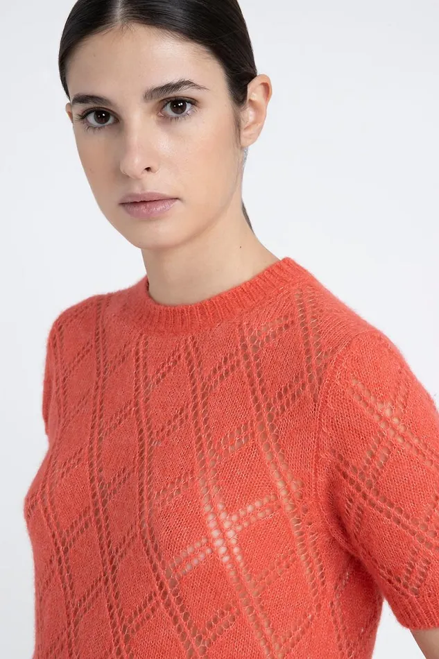 Peserico Knitwear Woman Merino Wool And Alpaca Lace Pattern ShortSleeved Sweater Foliage Red Peserico Knitwear Woman Merino Wool And Alpaca Lace Pattern ShortSleeved Sweater Foliage Red