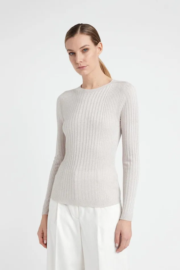 Peserico Knitwear Woman Ribbed High Neck Sweater In Viscose Yarn And Lurex Barley Peserico Knitwear Woman Ribbed High Neck Sweater In Viscose Yarn And Lurex Barley