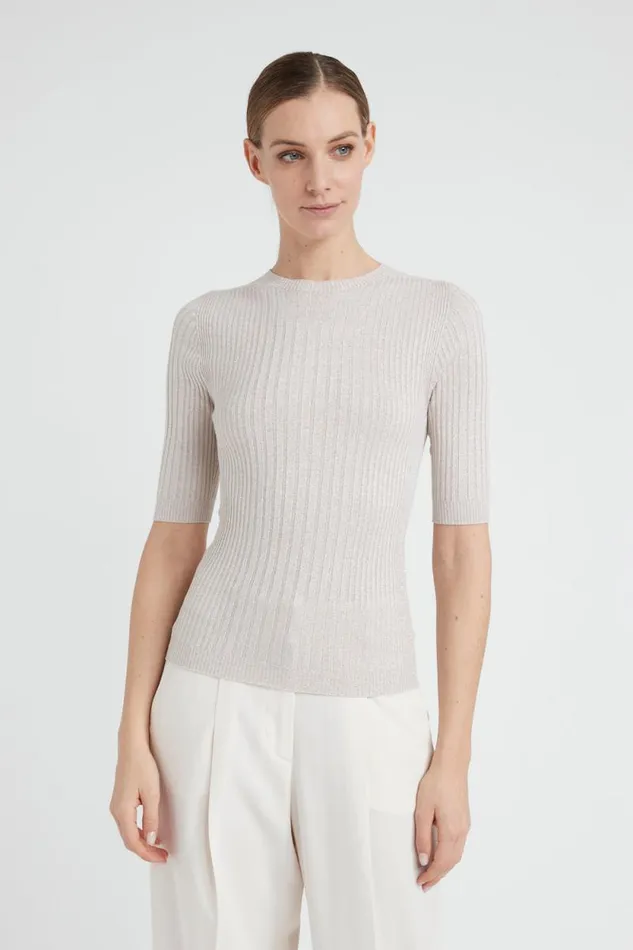 Peserico Knitwear Woman Ribbed ShortSleeved Sweater In Viscose Yarn And Lurex Barley Peserico Knitwear Woman Ribbed ShortSleeved Sweater In Viscose Yarn And Lurex Barley