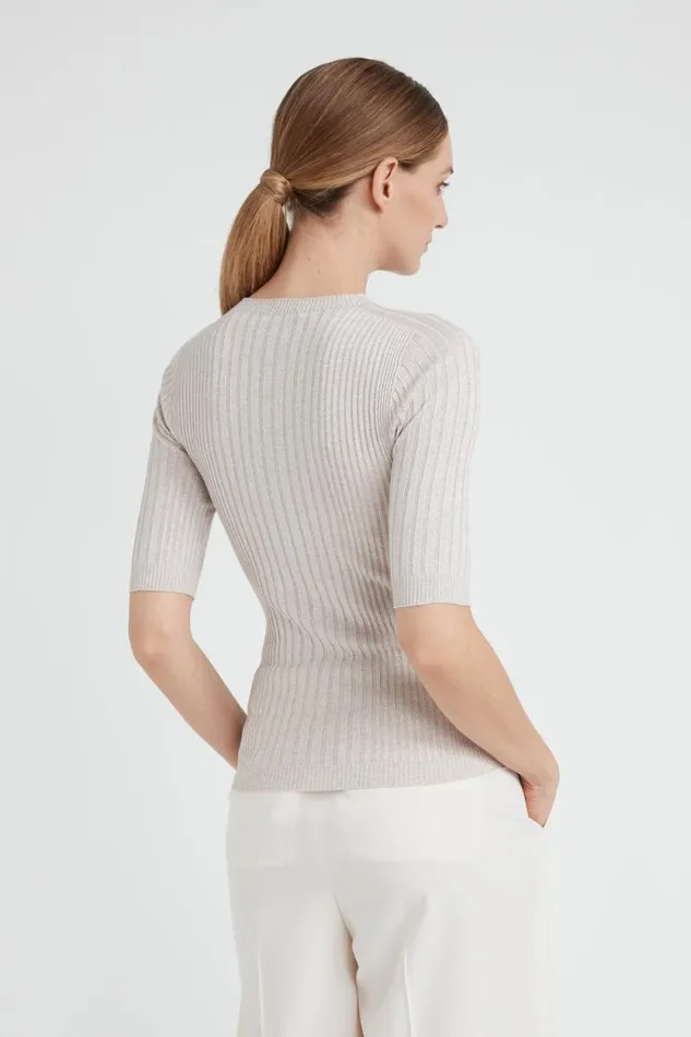 Peserico Knitwear Woman Ribbed ShortSleeved Sweater In Viscose Yarn And Lurex Barley Peserico Knitwear Woman Ribbed ShortSleeved Sweater In Viscose Yarn And Lurex Barley