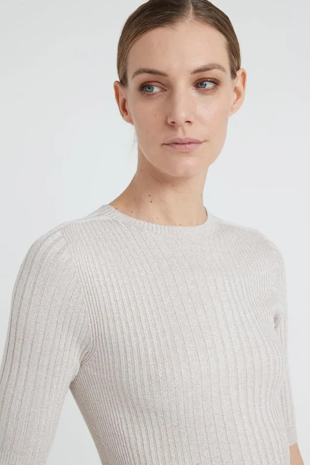 Peserico Knitwear Woman Ribbed ShortSleeved Sweater In Viscose Yarn And Lurex Barley Peserico Knitwear Woman Ribbed ShortSleeved Sweater In Viscose Yarn And Lurex Barley