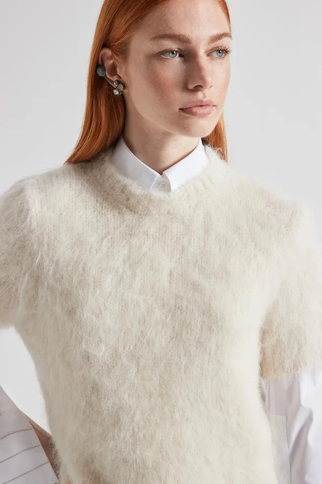 Peserico Knitwear Woman ShortSleeved Sweater In Alpaca Wool And Merino Yarn Natural White Peserico Knitwear Woman ShortSleeved Sweater In Alpaca Wool And Merino Yarn Natural White