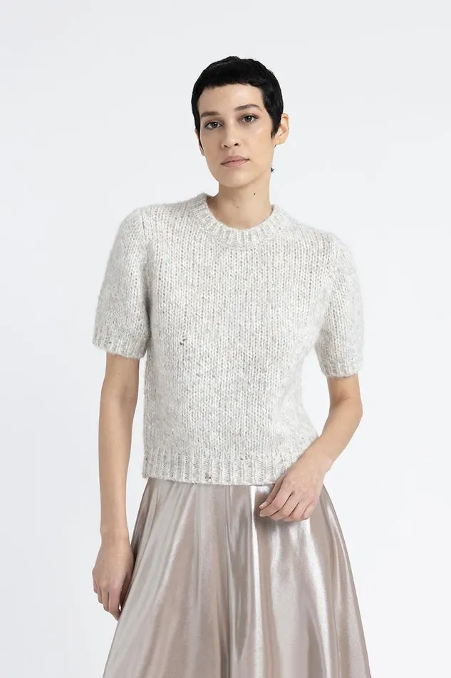 Peserico Knitwear Woman ShortSleeved Sweater In An Alpaca Blend Moulin Yarn With Sequins Fog Gray Peserico Knitwear Woman ShortSleeved Sweater In An Alpaca Blend Moulin Yarn With Sequins Fog Gray
