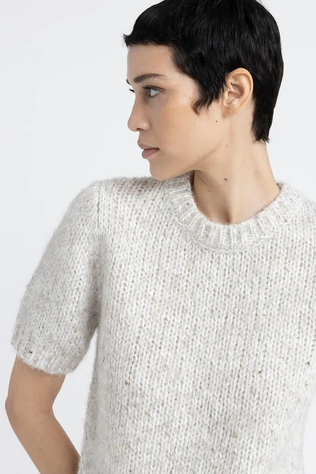 Peserico Knitwear Woman ShortSleeved Sweater In An Alpaca Blend Moulin Yarn With Sequins Fog Gray Peserico Knitwear Woman ShortSleeved Sweater In An Alpaca Blend Moulin Yarn With Sequins Fog Gray