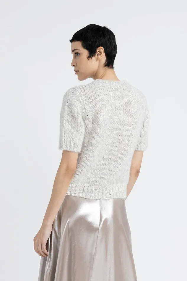 Peserico Knitwear Woman ShortSleeved Sweater In An Alpaca Blend Moulin Yarn With Sequins Fog Gray Peserico Knitwear Woman ShortSleeved Sweater In An Alpaca Blend Moulin Yarn With Sequins Fog Gray