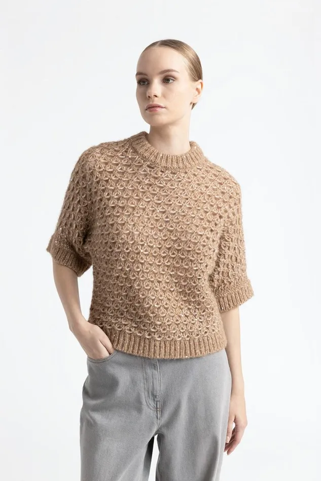 Peserico Knitwear Woman ShortSleeved Sweater In An Alpaca Yarn With Sequins Camel Peserico Knitwear Woman ShortSleeved Sweater In An Alpaca Yarn With Sequins Camel