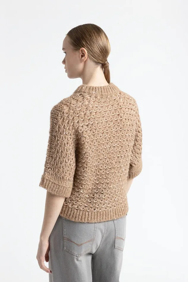 Peserico Knitwear Woman ShortSleeved Sweater In An Alpaca Yarn With Sequins Camel Peserico Knitwear Woman ShortSleeved Sweater In An Alpaca Yarn With Sequins Camel
