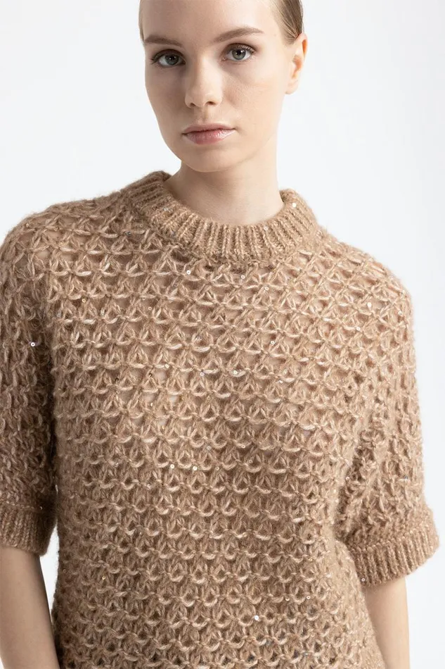 Peserico Knitwear Woman ShortSleeved Sweater In An Alpaca Yarn With Sequins Camel Peserico Knitwear Woman ShortSleeved Sweater In An Alpaca Yarn With Sequins Camel