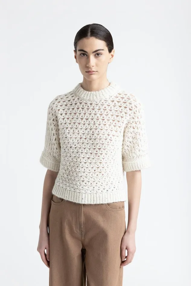 Peserico Knitwear Woman ShortSleeved Sweater In An Alpaca Yarn With Sequins Natural White Peserico Knitwear Woman ShortSleeved Sweater In An Alpaca Yarn With Sequins Natural White