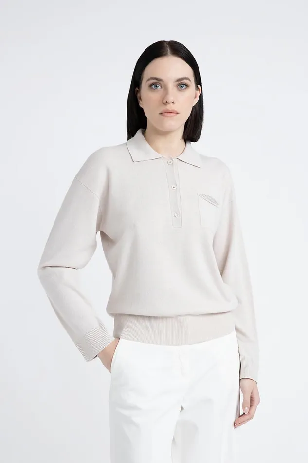 Peserico Knitwear Woman Silk Wool And Cashmere Polo Neck Sweater Pearl Beige