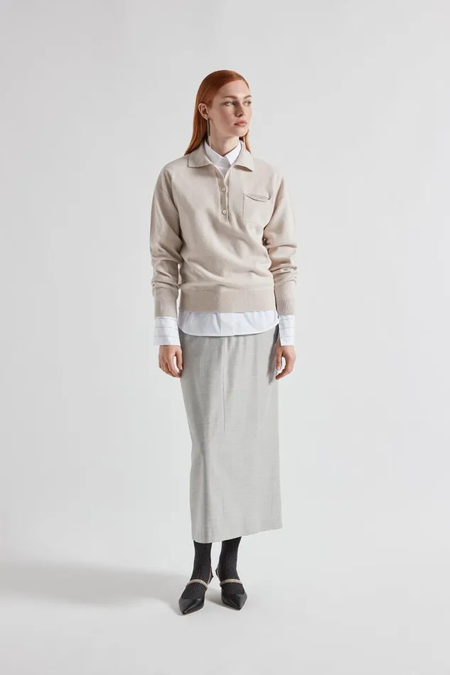 Peserico Knitwear Woman Silk Wool And Cashmere Polo Neck Sweater Pearl Beige Peserico Knitwear Woman Silk Wool And Cashmere Polo Neck Sweater Pearl Beige