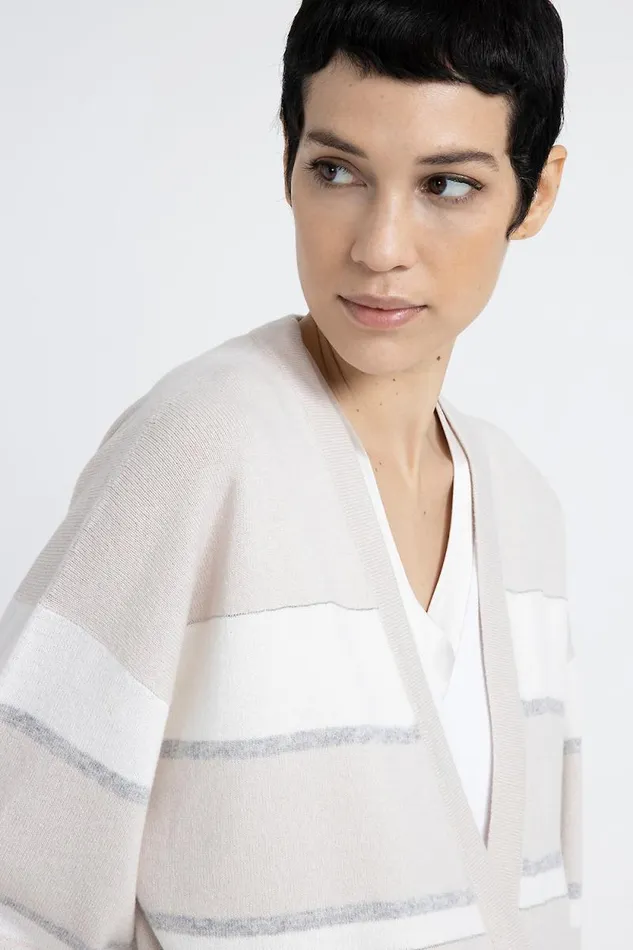 Peserico Knitwear Woman Striped Wool Silk And Cashmere Cardigan Pearl Beige