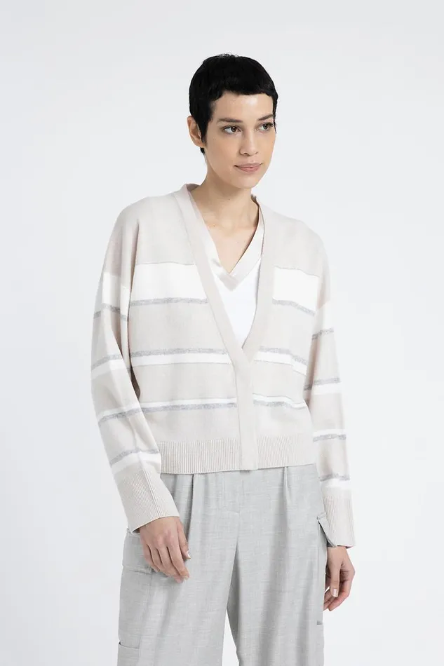 Peserico Knitwear Woman Striped Wool Silk And Cashmere Cardigan Pearl Beige Peserico Knitwear Woman Striped Wool Silk And Cashmere Cardigan Pearl Beige