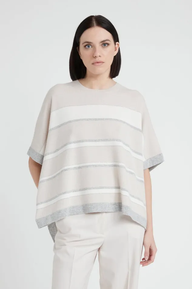 Peserico Knitwear Woman Striped Wool Silk Cashmere Cape Pearl Beige