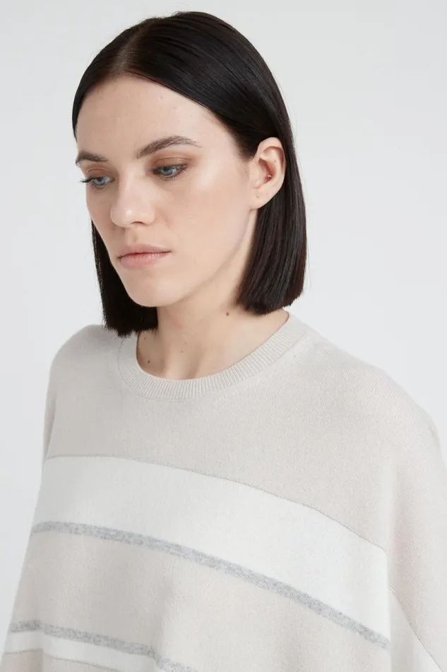 Peserico Knitwear Woman Striped Wool Silk Cashmere Cape Pearl Beige Peserico Knitwear Woman Striped Wool Silk Cashmere Cape Pearl Beige