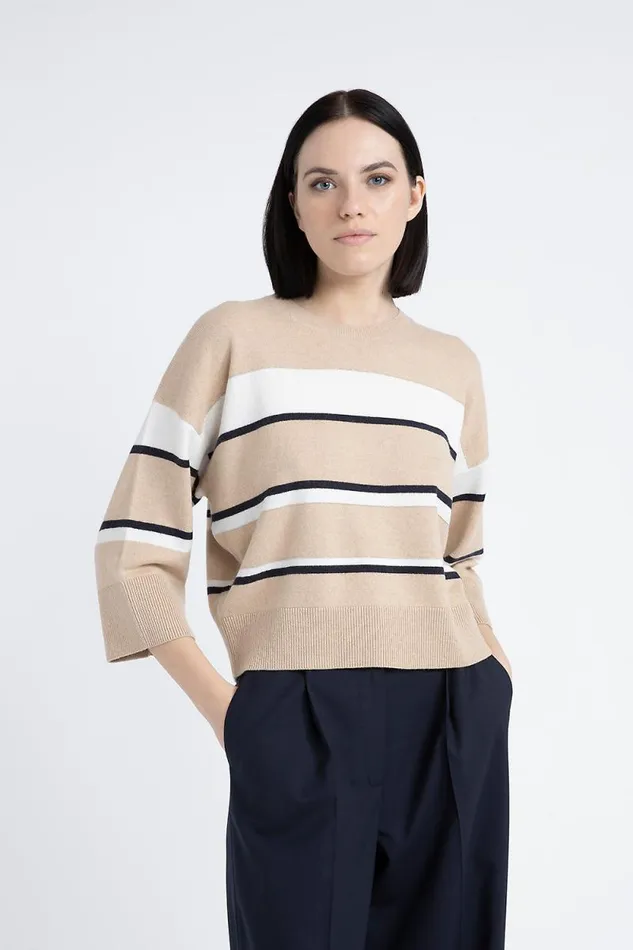 Peserico Knitwear Woman Striped Wool Silk Cashmere Sweater Macchiato