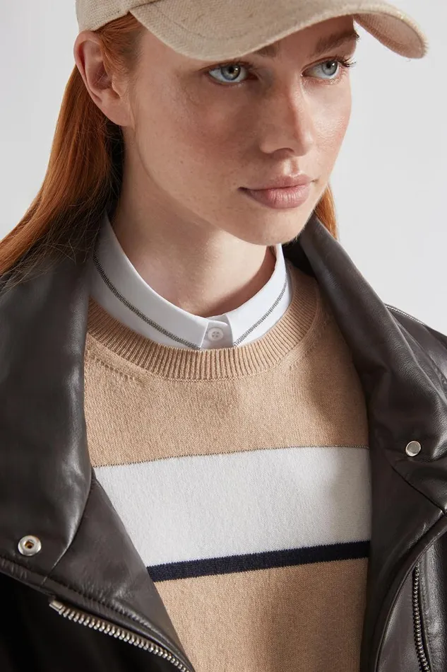 Peserico Knitwear Woman Striped Wool Silk Cashmere Sweater Macchiato Peserico Knitwear Woman Striped Wool Silk Cashmere Sweater Macchiato