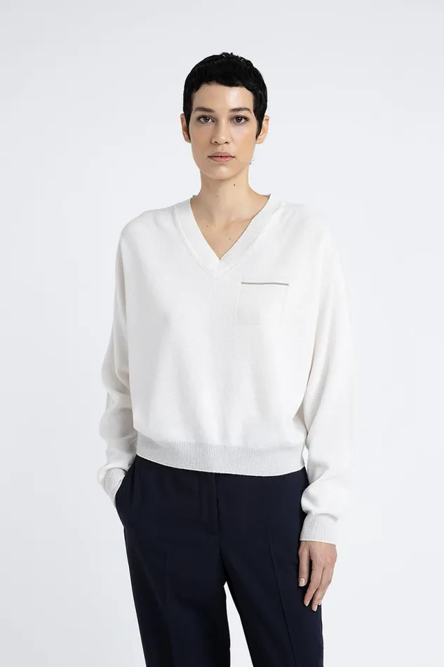 Peserico Knitwear Woman VNeck Sweater In Pure Cashmere Natural White