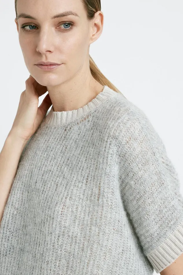 Peserico Knitwear Woman Wool And Lurex ShortSleeved Sweater Fog Gray Peserico Knitwear Woman Wool And Lurex ShortSleeved Sweater Fog Gray