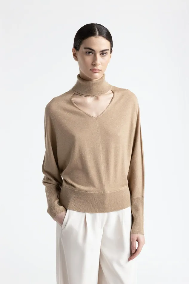 Peserico Knitwear Woman Wool And Viscose V Neck Sweater Camel