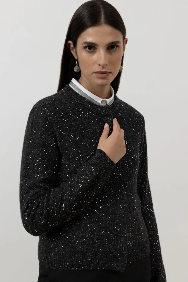 Peserico Knitwear Woman Wool Cashmere Cardigan With Sequins Graphite Peserico Knitwear Woman Wool Cashmere Cardigan With Sequins Graphite
