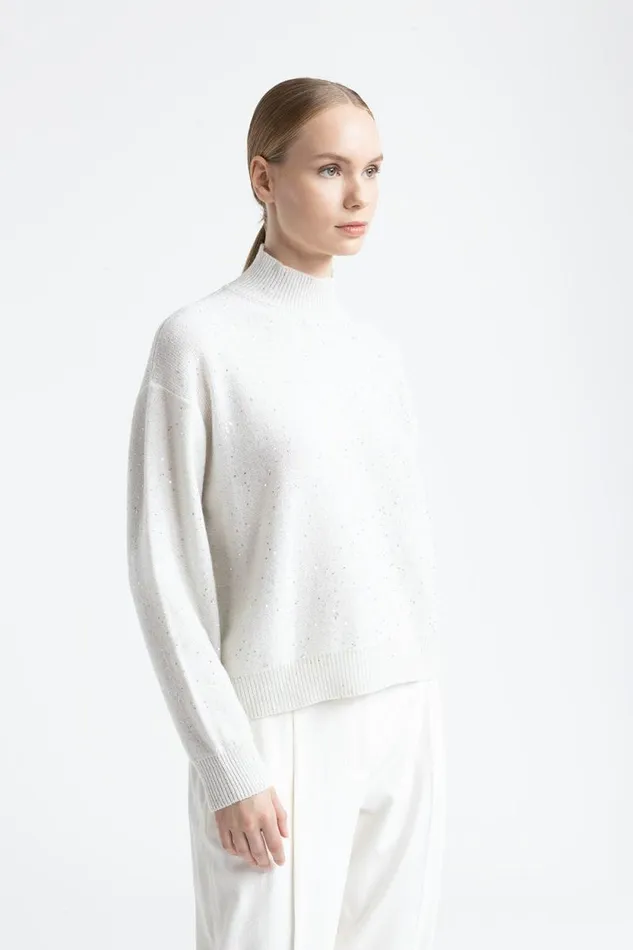 Peserico Knitwear Woman Wool Cashmere Lurex And Sequin Yarn Sweater Natural White